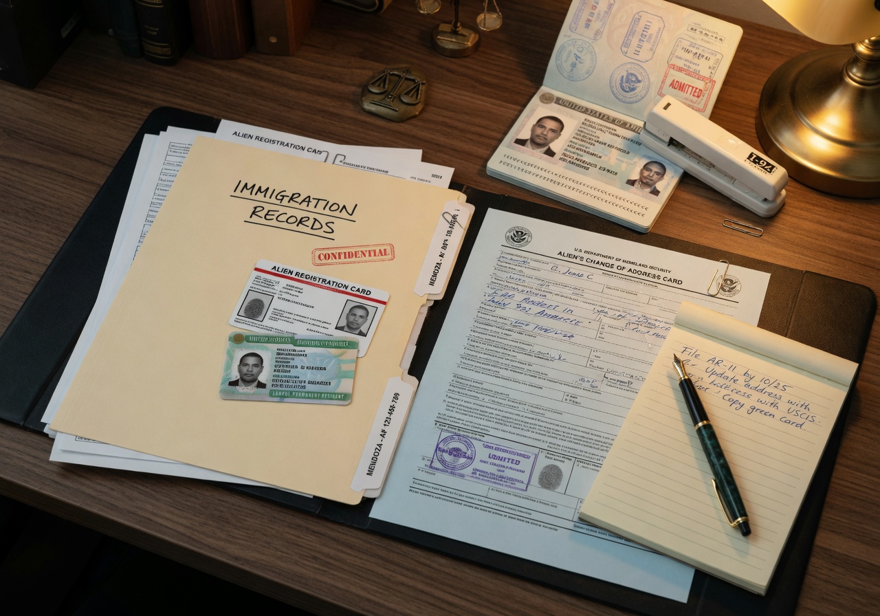 Thẻ biên nhận đăng ký ngoại kiều, Form AR-11 (Mẫu AR-11), thẻ xanh, hộ chiếu Hoa Kỳ có I-94, và một hồ sơ ghi Immigration Records trên bàn làm việc chuyên nghiệp của văn phòng luật