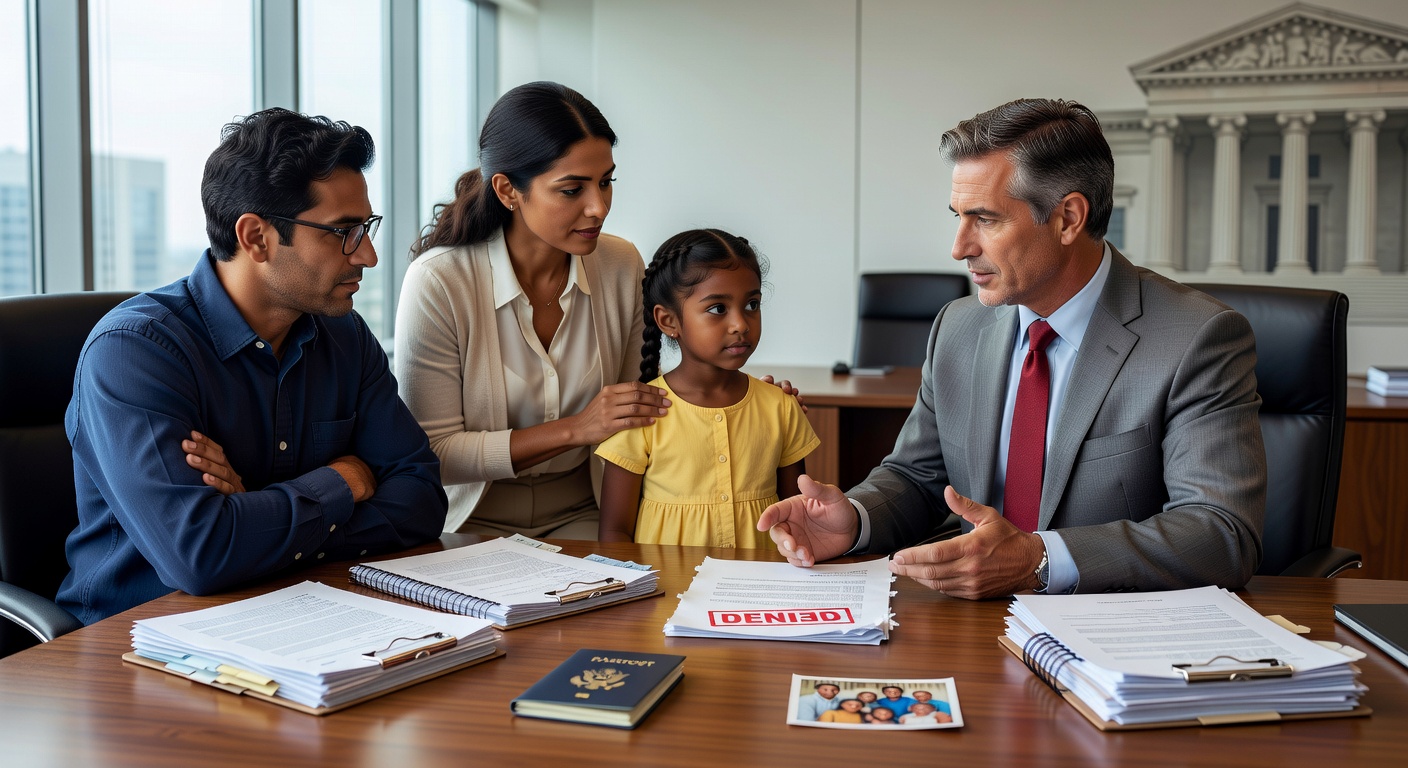 Immigration attorney reviewing a denied immigration application and appeal documents with a family