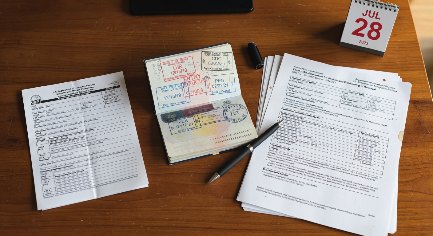 Документ с истекшим сроком действия визы рядом с документами заявления о предоставлении убежища