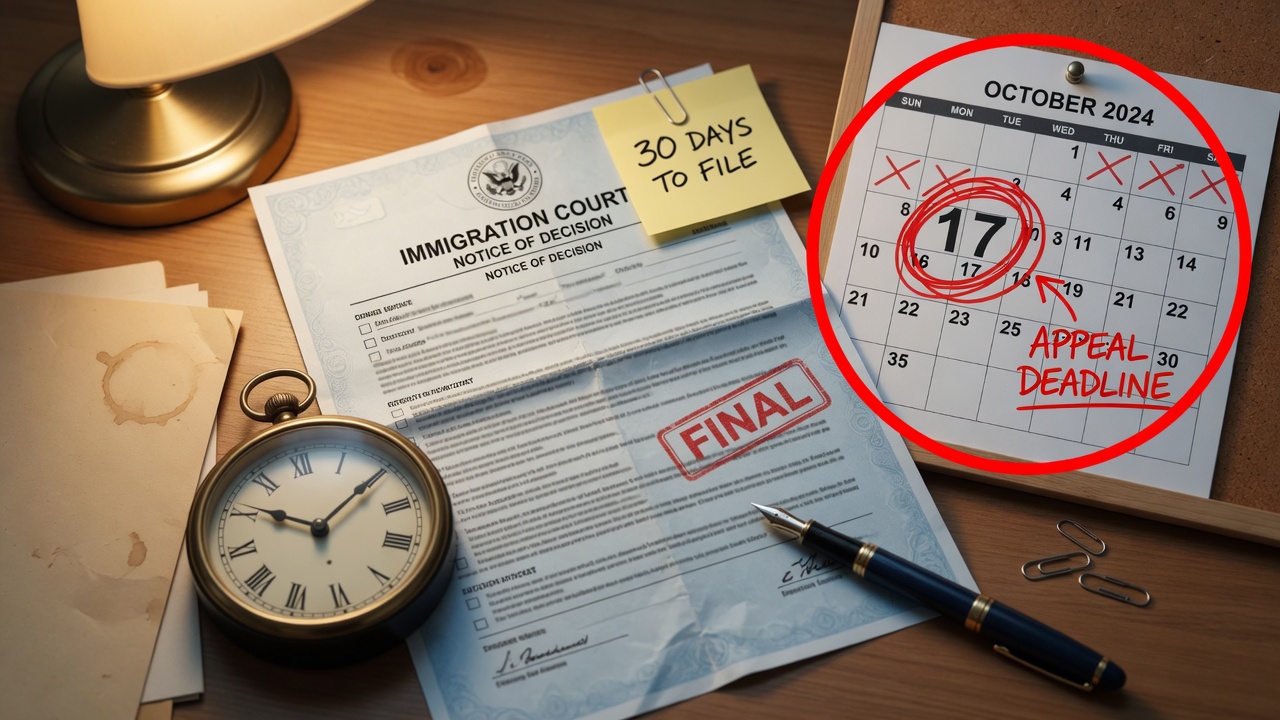 Қарори рад шудани asylum бо тақвими муҳлати appeal ва Form EOIR-26 дар рӯйи миз