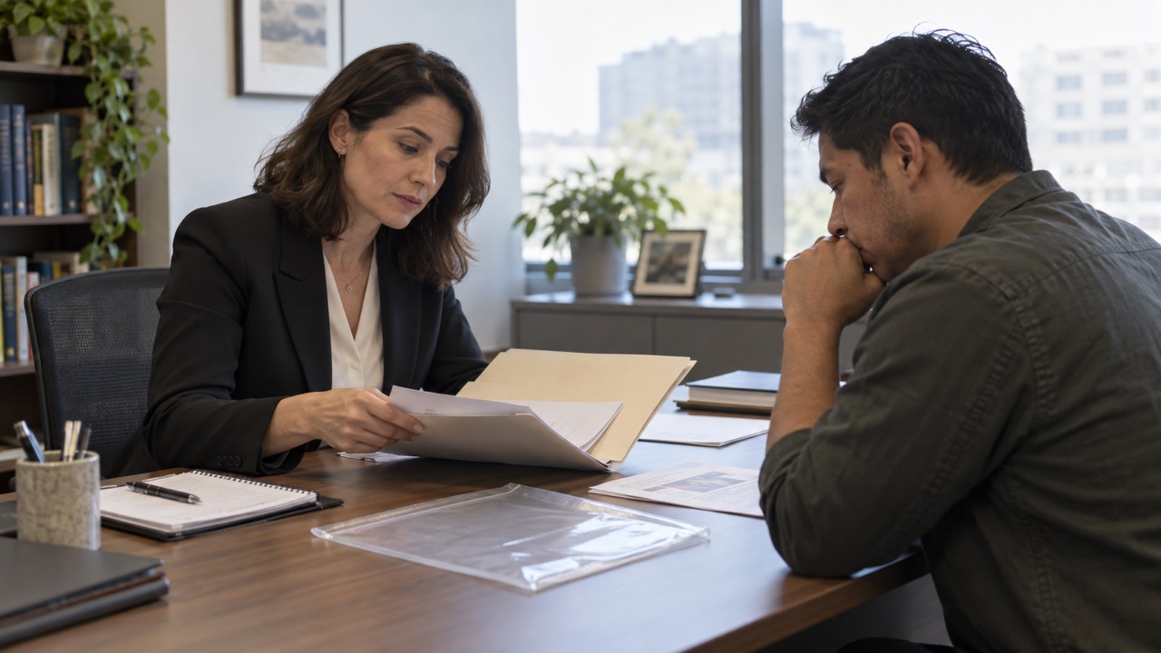 An attorney and client reviewing an asylum evidence folder