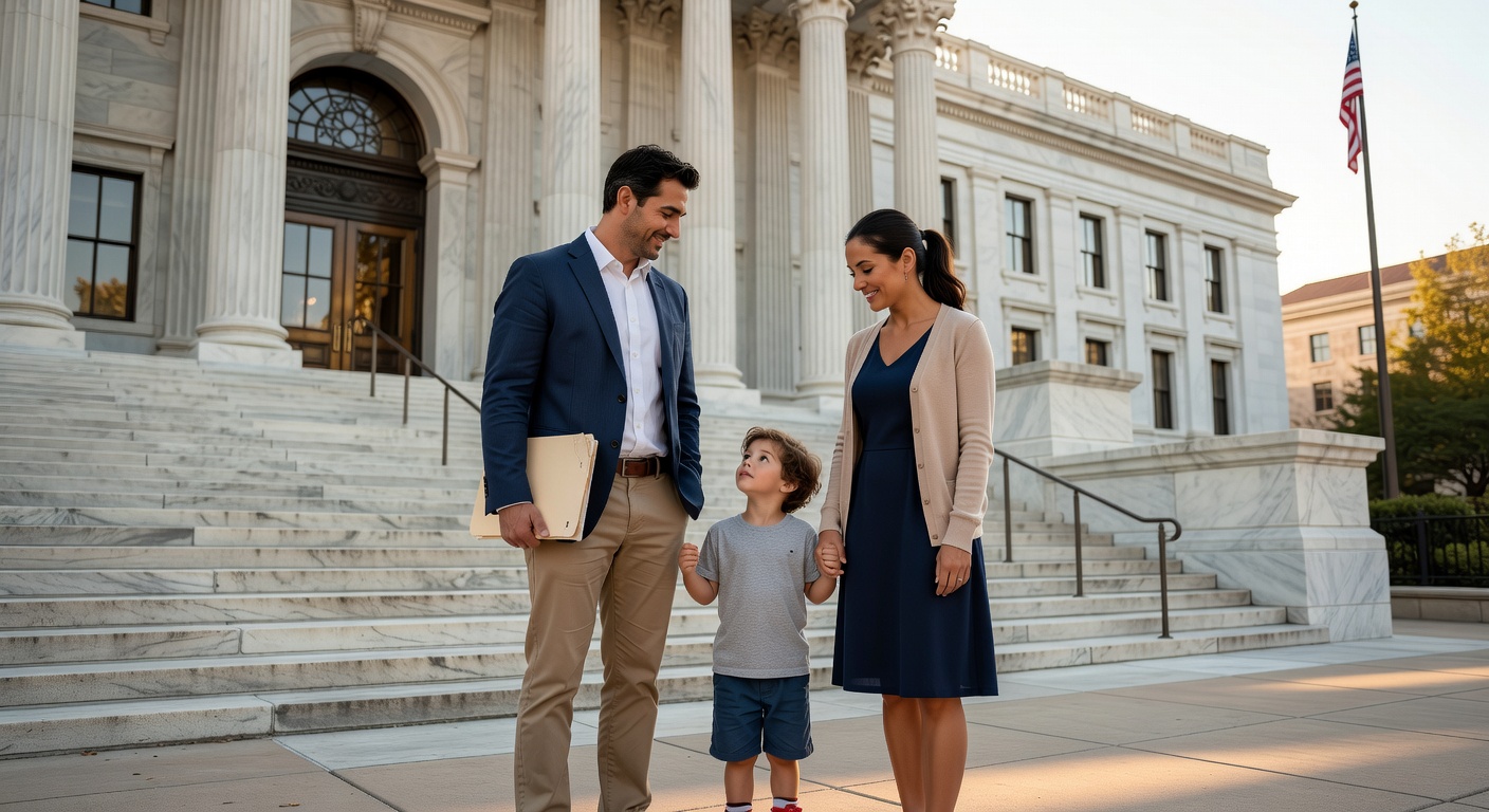 Семья стоит вместе у здания иммиграционного суда после слушания по отмене депортации