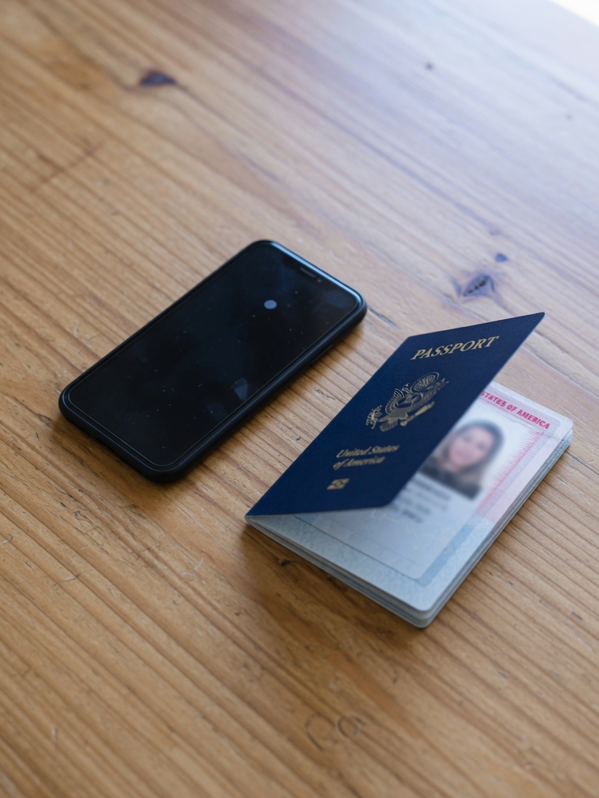 Телефон с экраном CBP Home для сообщения о выезде рядом с паспортом и иммиграционным файлом