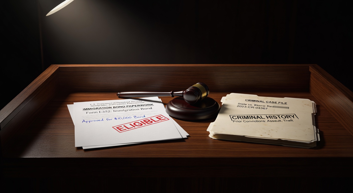 Молоток судьи на судейской скамье рядом с документами об иммиграционной облигации и материалами уголовного дела