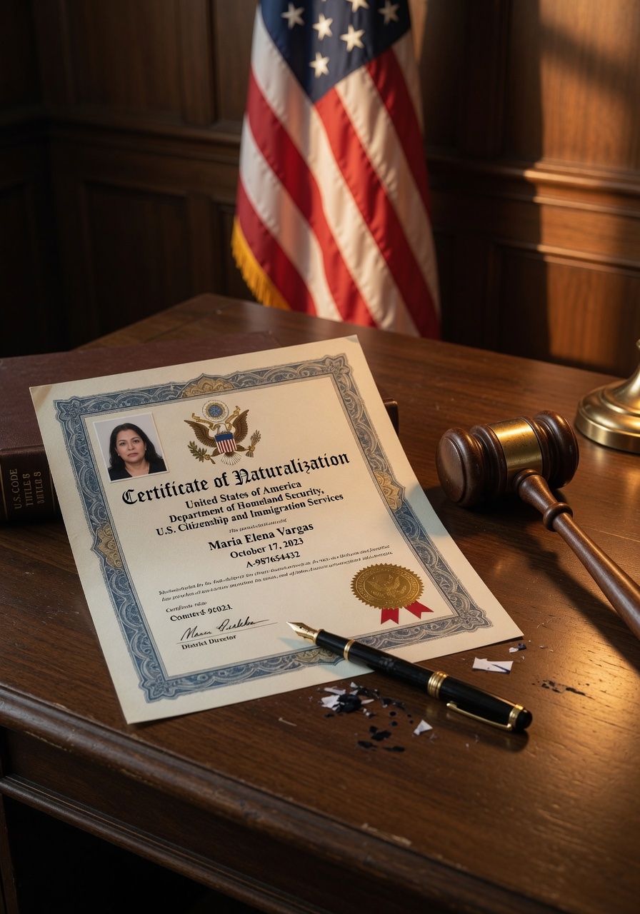Un Certificado de Naturalización de EE. UU. sobre el escritorio de una oficina legal junto a un mazo de juez y una bandera americana, que representa un caso de desnaturalización