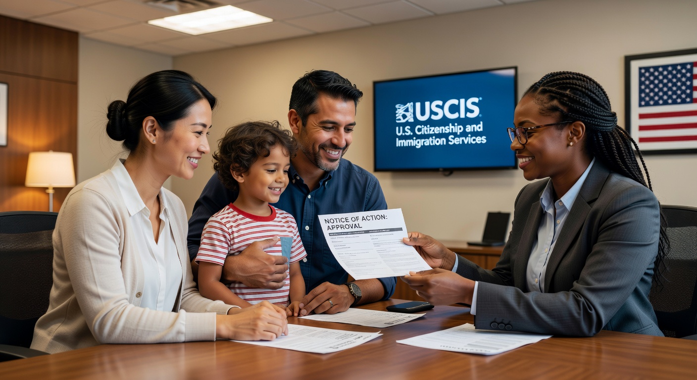 Familia inmigrante revisando documentos de solicitud de green card, representando la oportunidad de presentación de la categoría F2A