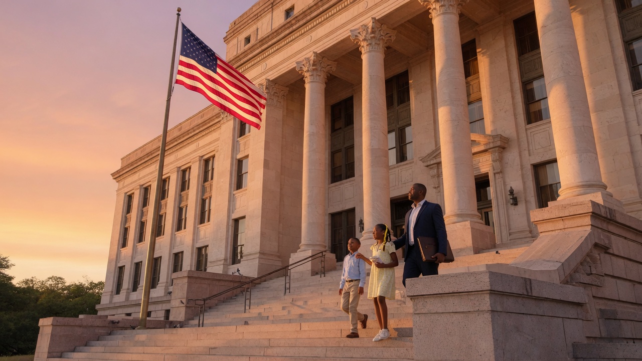 Un tribunal federal en Texas al atardecer con una bandera estadounidense, símbolo del fallo del Quinto Circuito que restablece las audiencias de fianza para inmigrantes detenidos