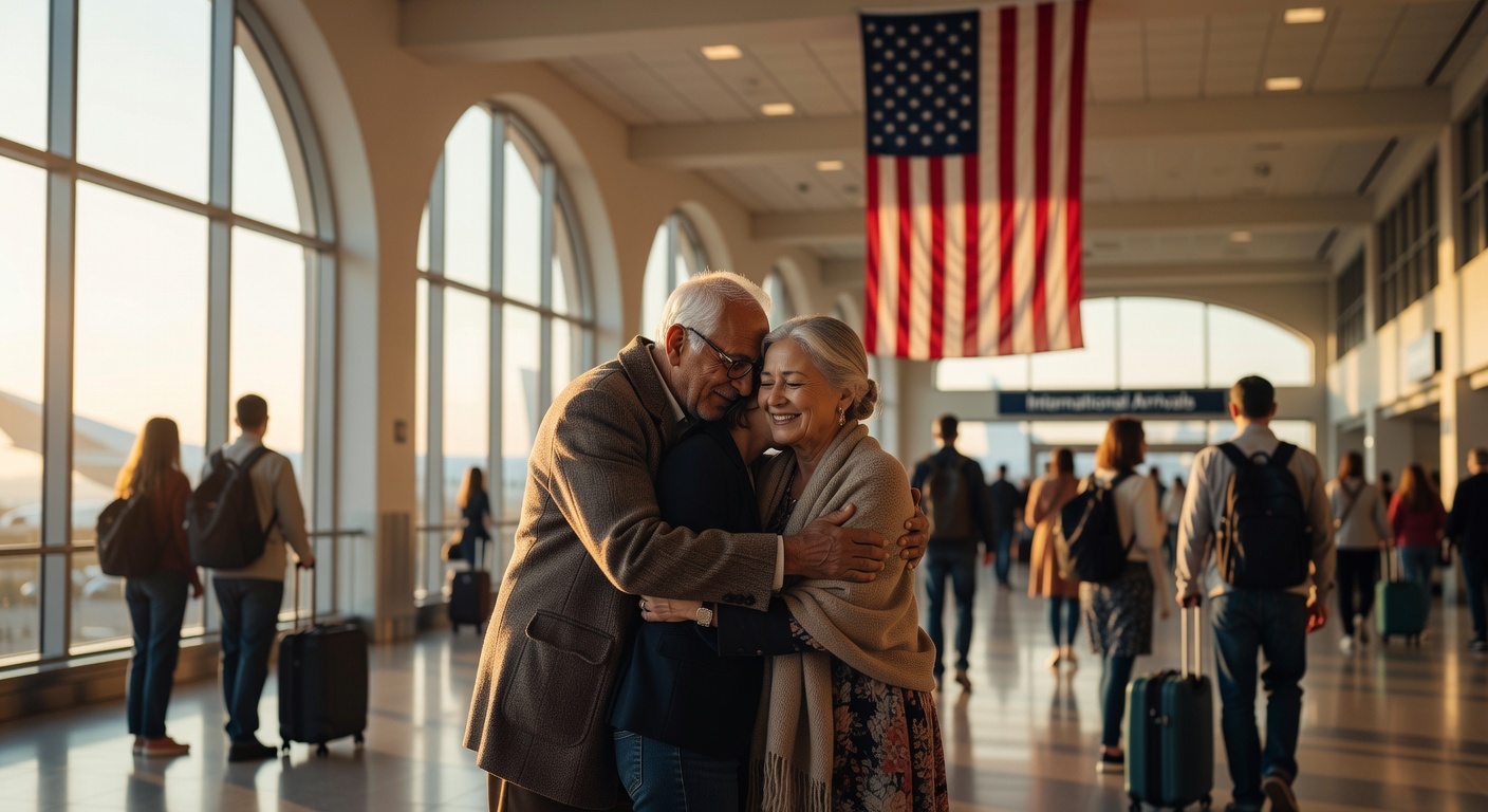 Elderly parents reuniting with their U.S. citizen adult child at an American airport after a successful I-130 petition