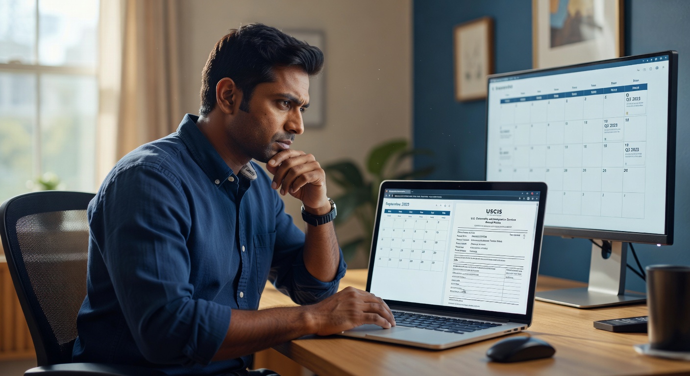 Software engineer at a sunlit desk reviewing a USCIS I-140 receipt notice and timeline calendar on a laptop