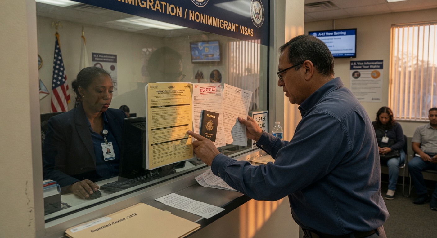 A person reviewing immigration paperwork at a US consulate window, holding a passport and Form I-212 documents, weighing the legal path to return to the United States after deportation.