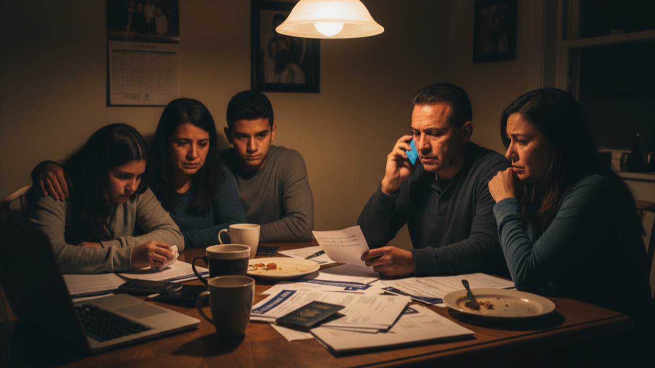 Una familia reunida de noche alrededor de una mesa, haciendo llamadas y organizando documentos después de que ICE detuviera a un ser querido durante las primeras 48 horas críticas