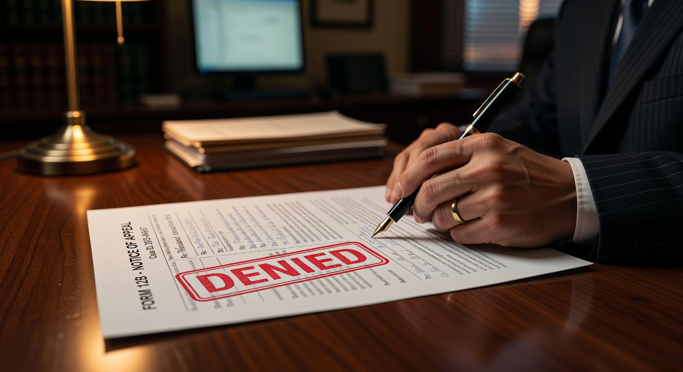 Отштампованный документ об отказе на столе с юристом, готовящим апелляцию