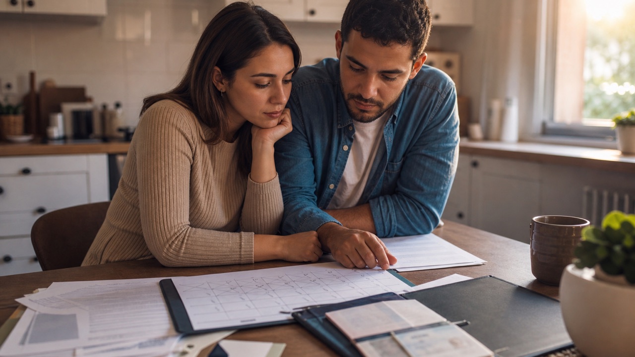 Pareja revisando documentos de la visa K-1 y un calendario después de vencer el plazo de 90 días para contraer matrimonio