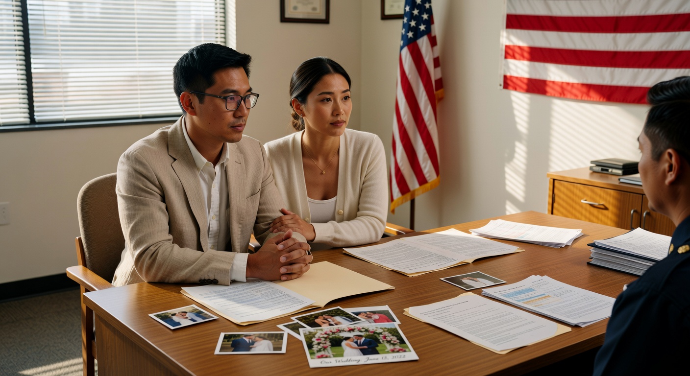 A married couple sitting across a desk from a USCIS officer during a marriage-based green card interview, with joint financial documents and family photos spread between them