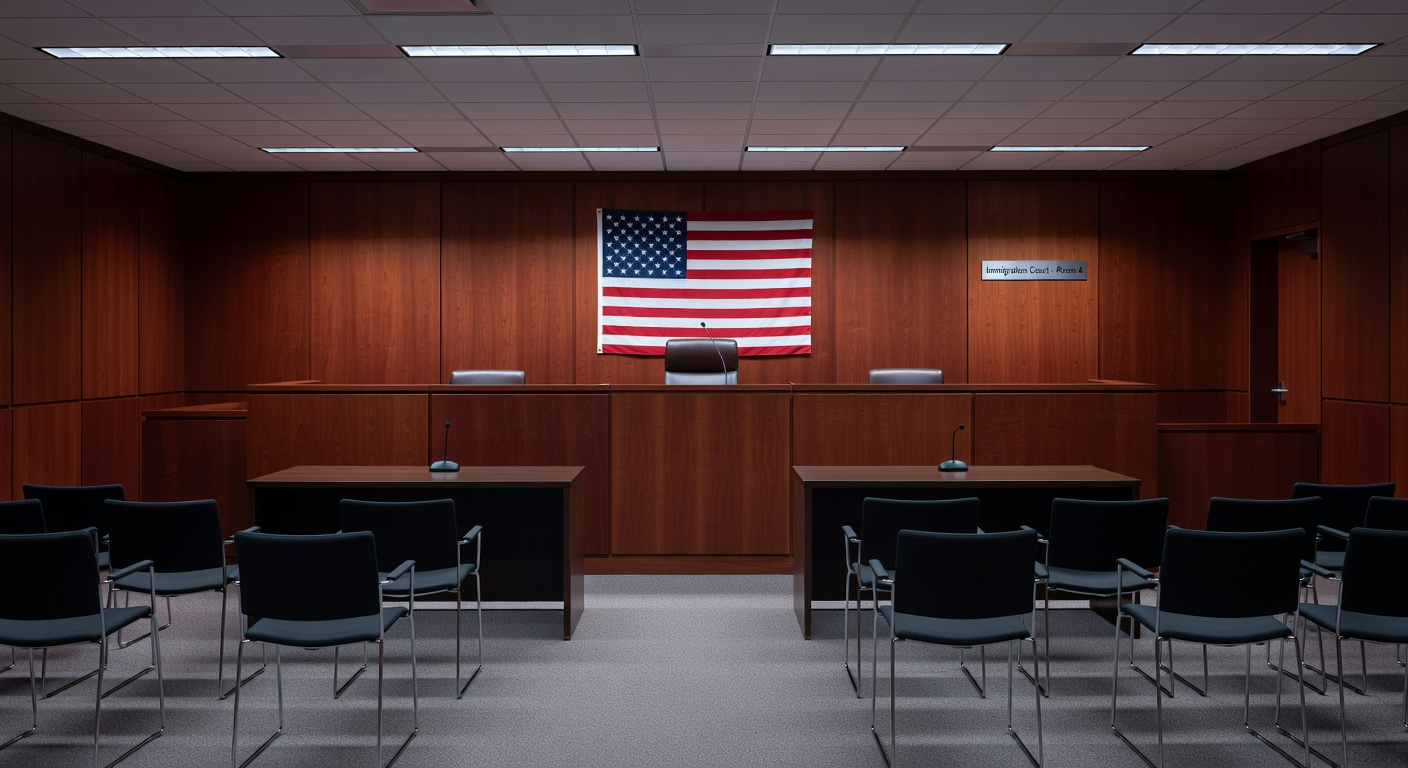 Interior of a U.S. immigration courtroom with judge bench and American flag