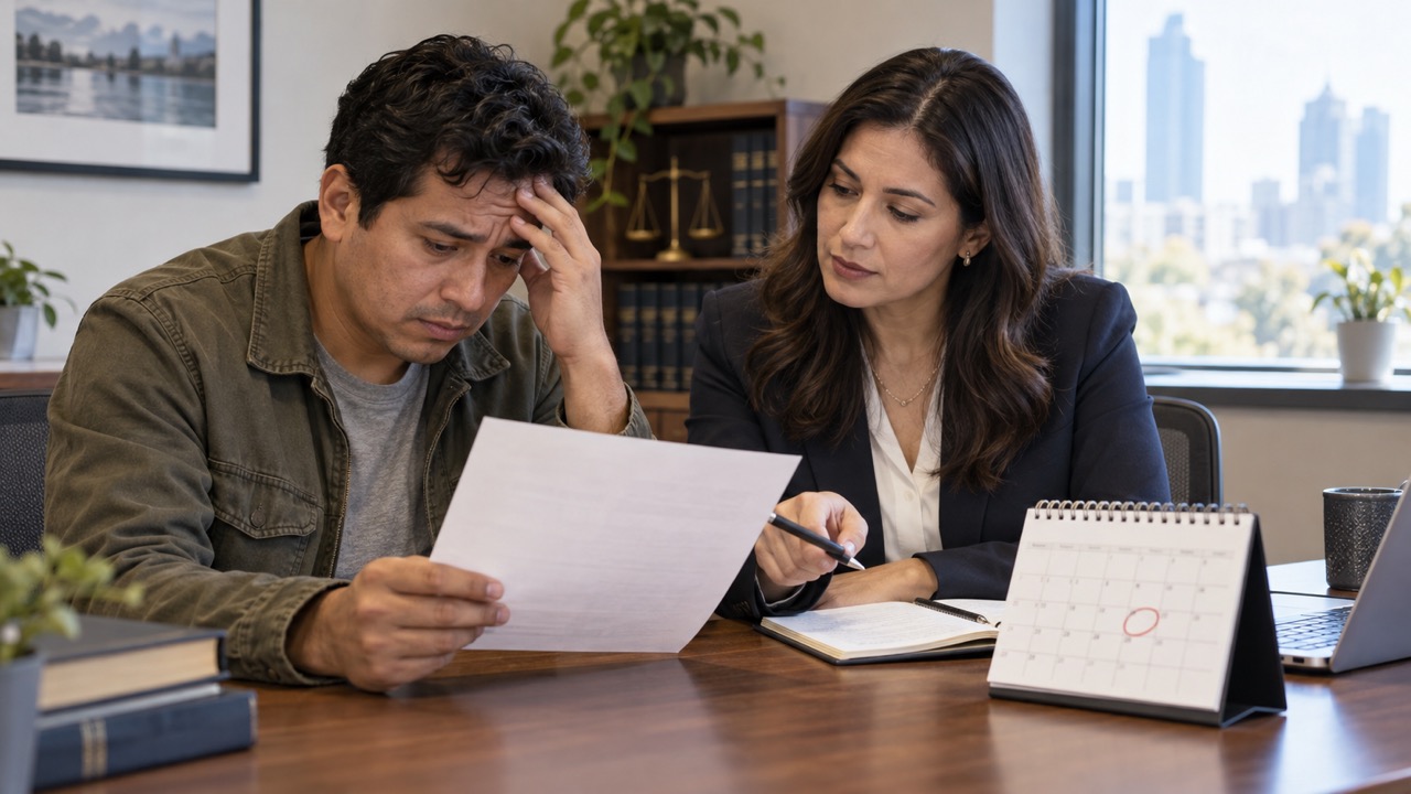 An asylum applicant and attorney review an interview notice and calendar