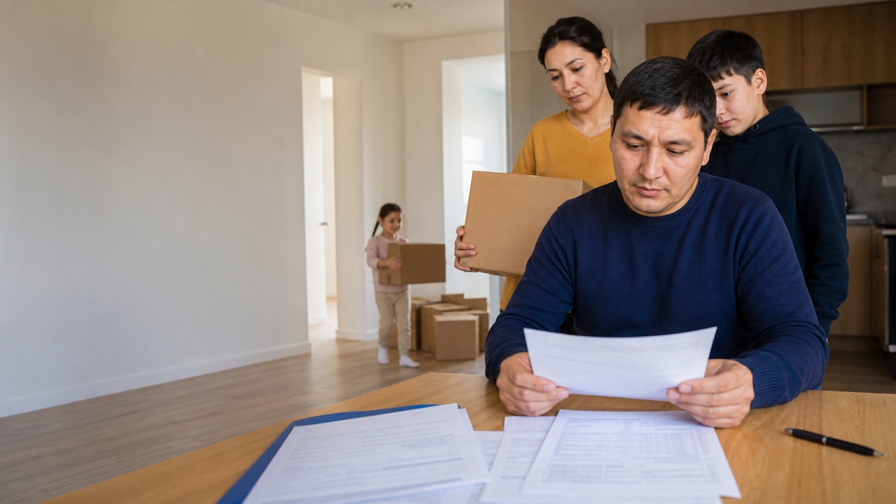 Family packing moving boxes while reviewing an immigration court hearing notice and change-of-address form