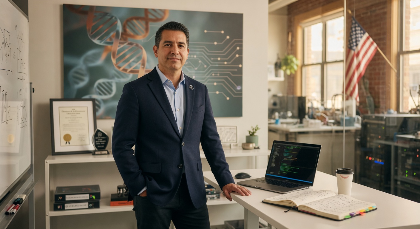 A startup founder reviews a thick exhibits binder of awards, publications, and expert letters on a glass conference room table, preparing an O-1A extraordinary ability petition.