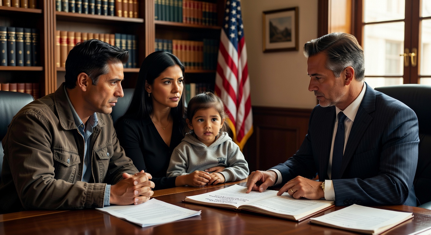 Family reviewing legal documents with immigration attorney about reopening an in absentia removal order