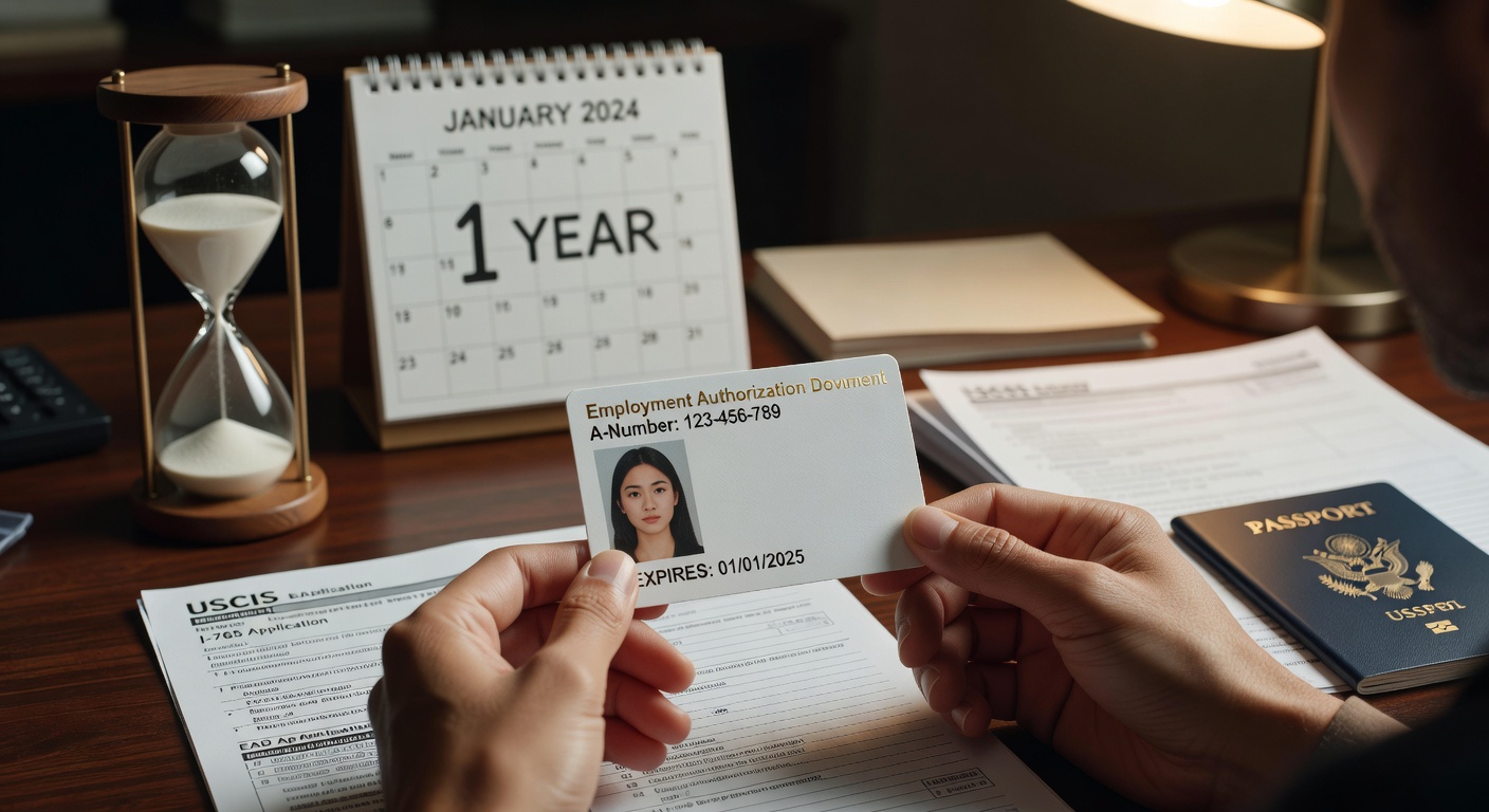USCIS Жумушчу Уруксаты Документи (EAD) жана бир жылдык мөөнөттү көрсөткөн календарь