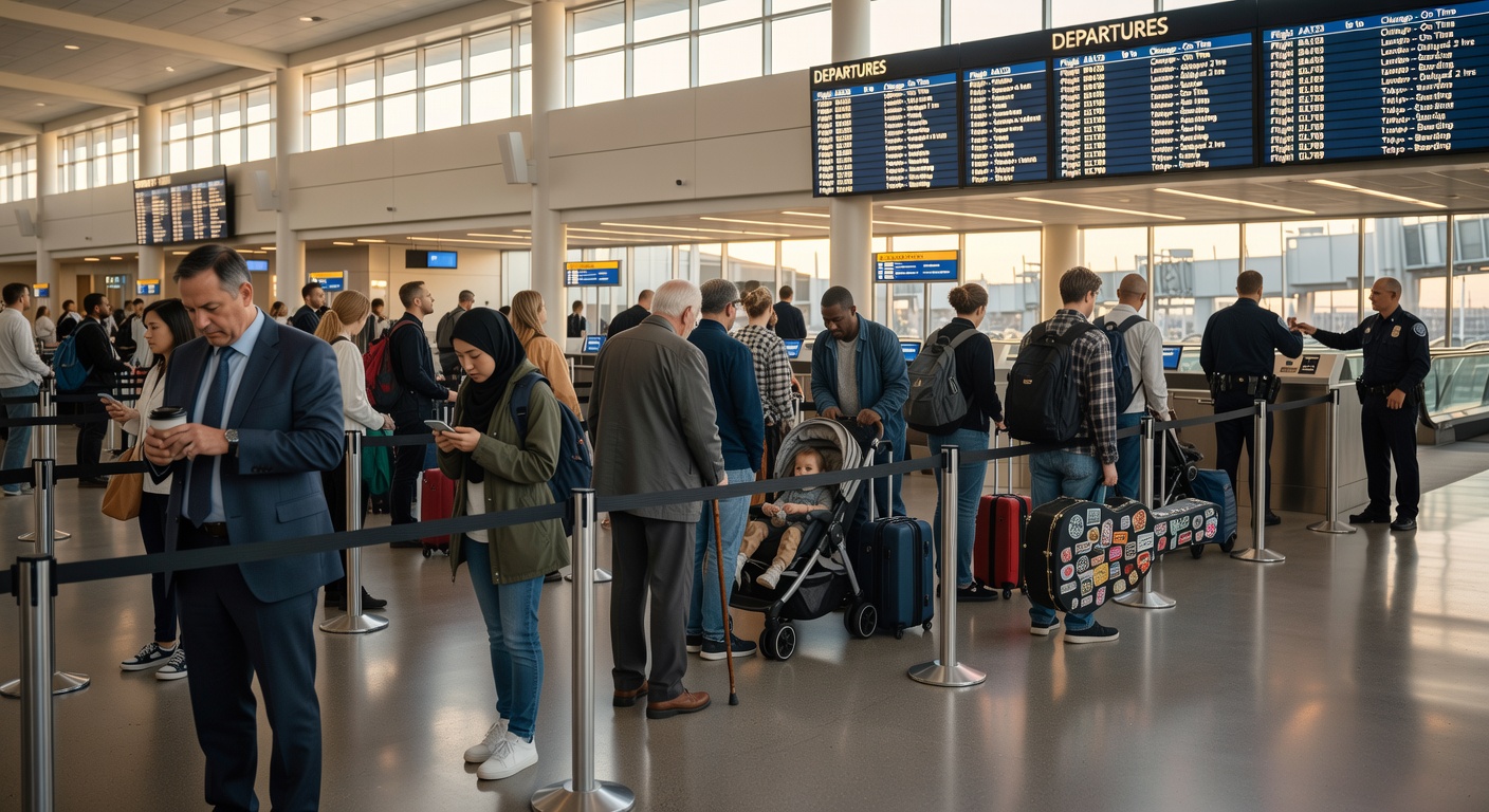 Путешественники ожидают в длинных очередях на контроле безопасности и иммиграции в крупном аэропорту США в 2026 году