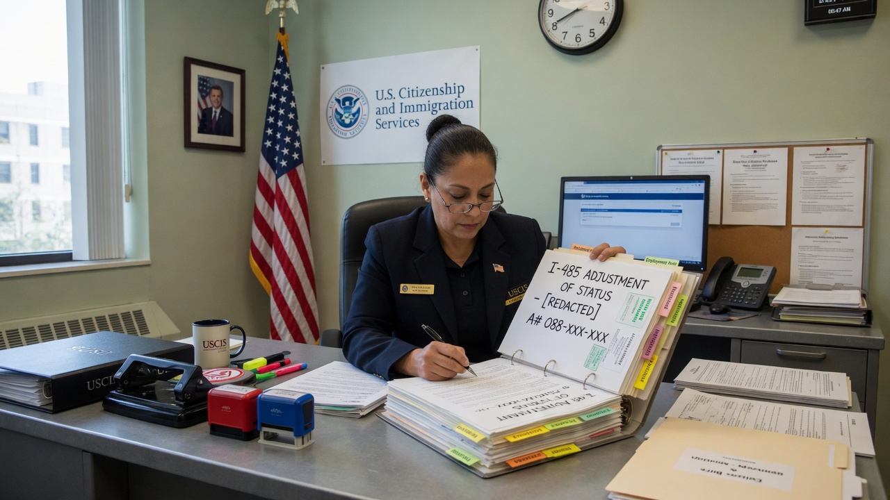 Oficial de inmigración de USCIS revisando una solicitud I-485 con documentos que muestran equidades positivas