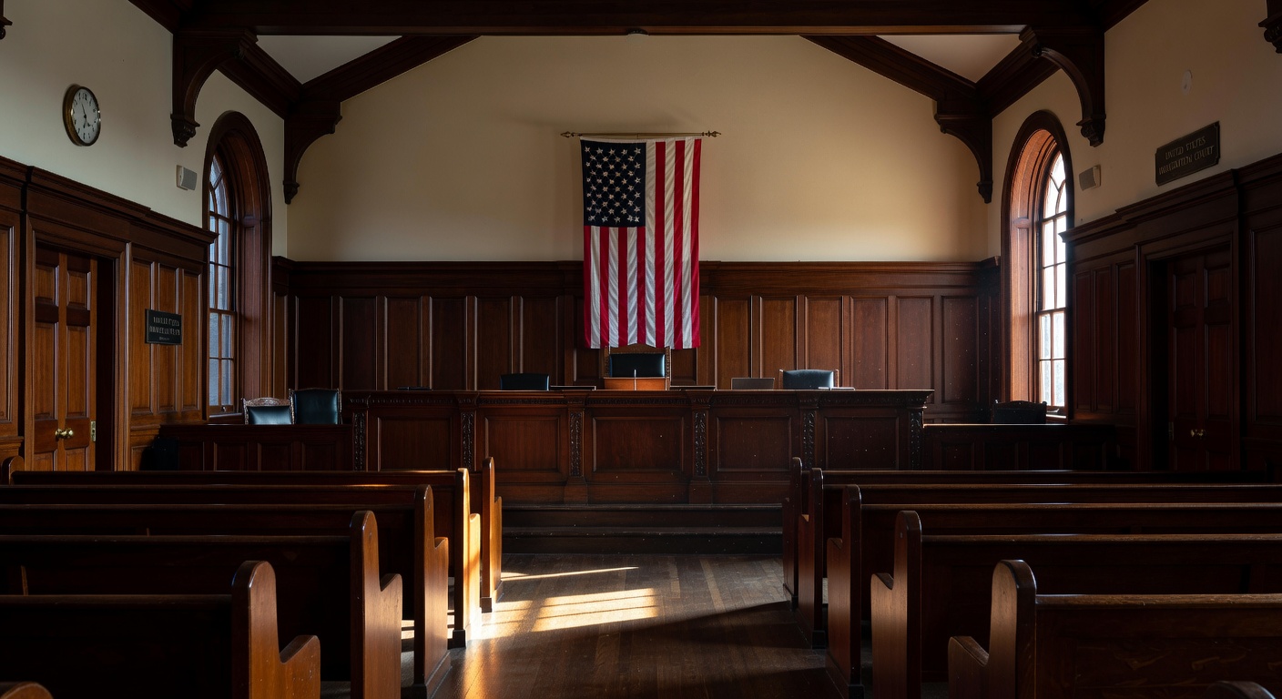 Empty immigration courtroom with judge's bench and American flag